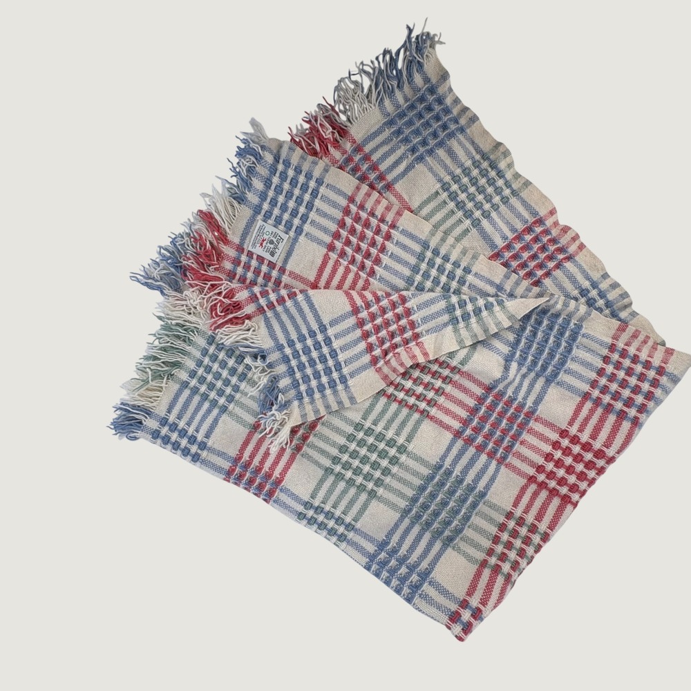 Faribo Plaid Blanket 44"X57" Cream Red Blue Pure Wool Fringed USA